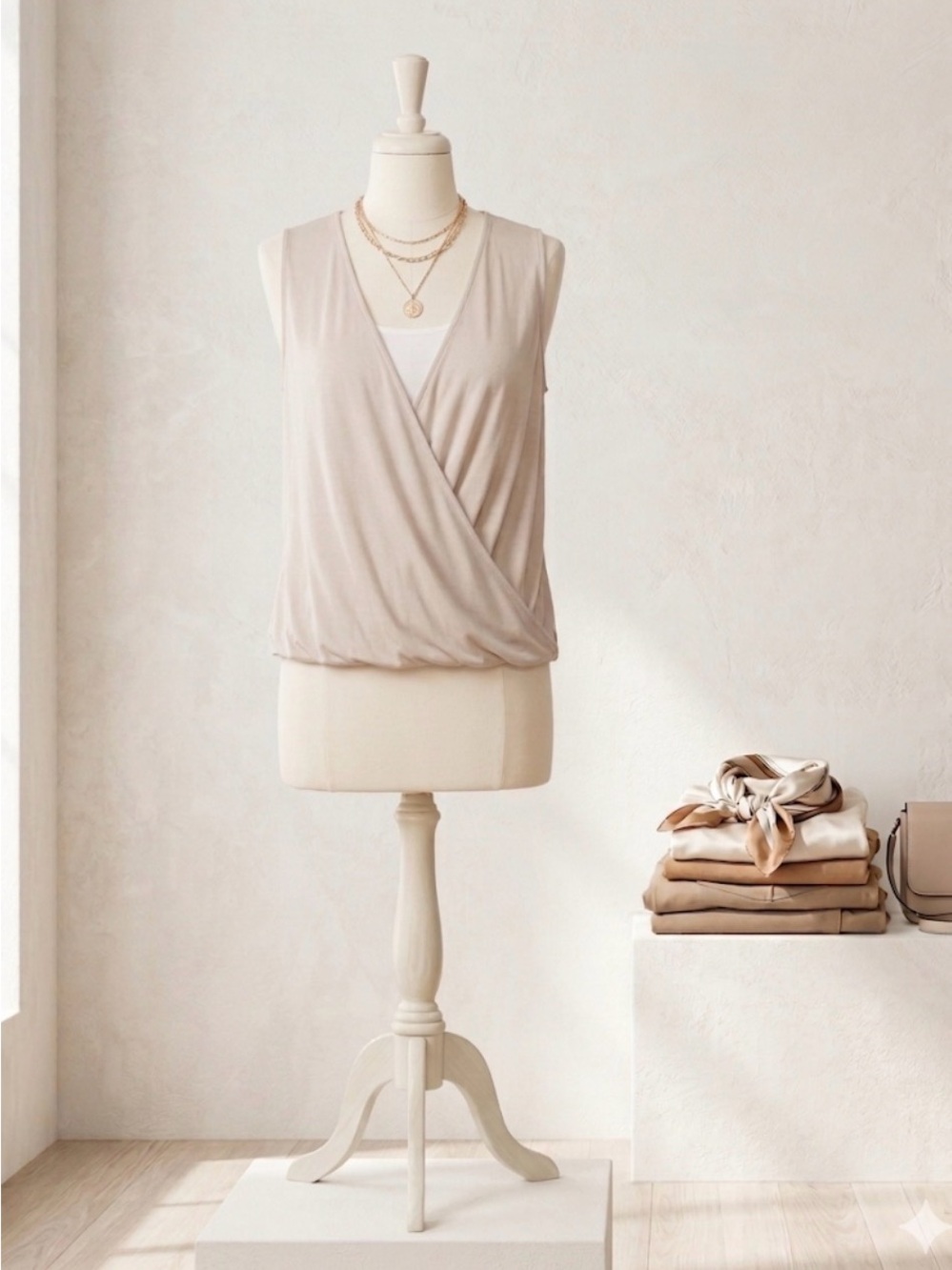 Sleeveless V-Neck Wrap Tank Top - Soft Beige